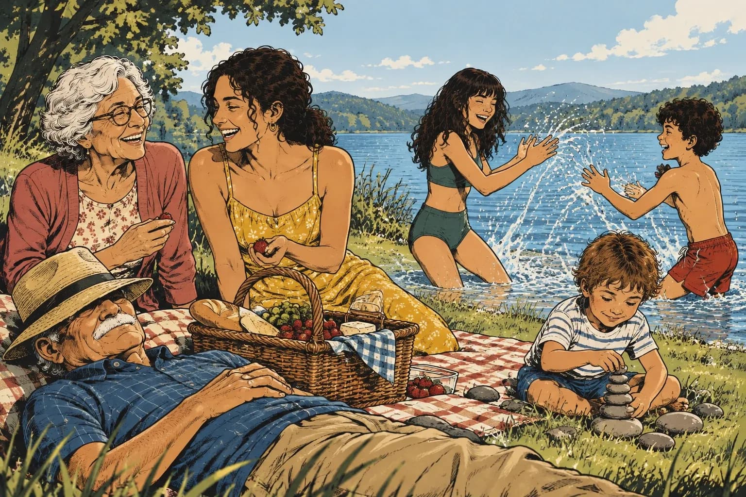 La famille Moreau pique-nique au bord d’un lac.