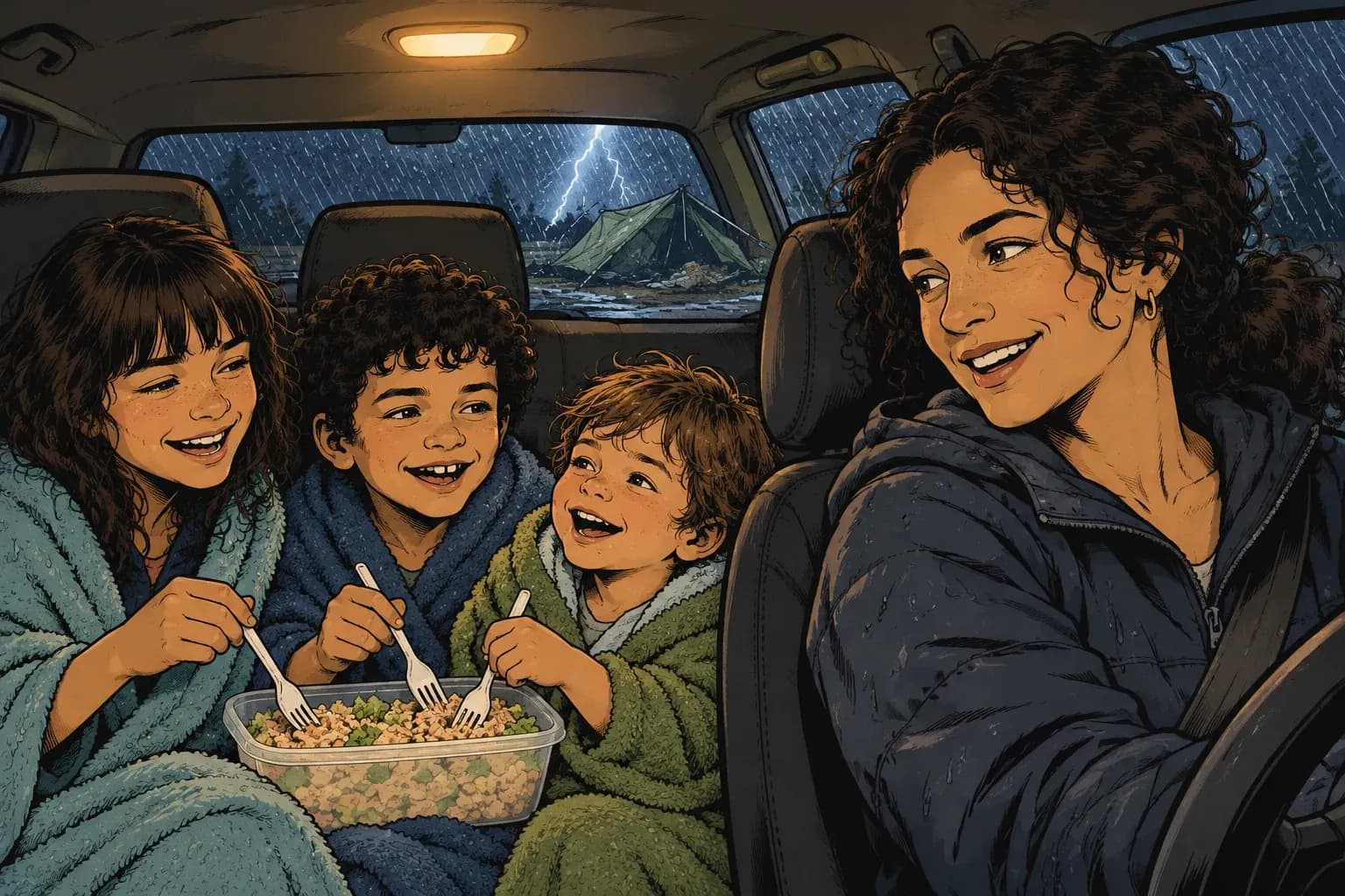 Inès se retourne vers Lina, Malo et Sacha, serrés à l’arrière de la voiture sous l’orage, une boîte de salade de thon sur les genoux.